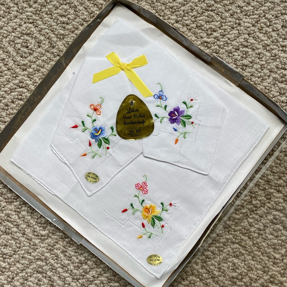Vintage all cotton white floral three handkerchiefs